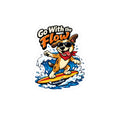 Funny surfing dog sticker with sunglasses and red bandana riding a wave saying go with the flow — fun beach gift for dog lovers and surfers