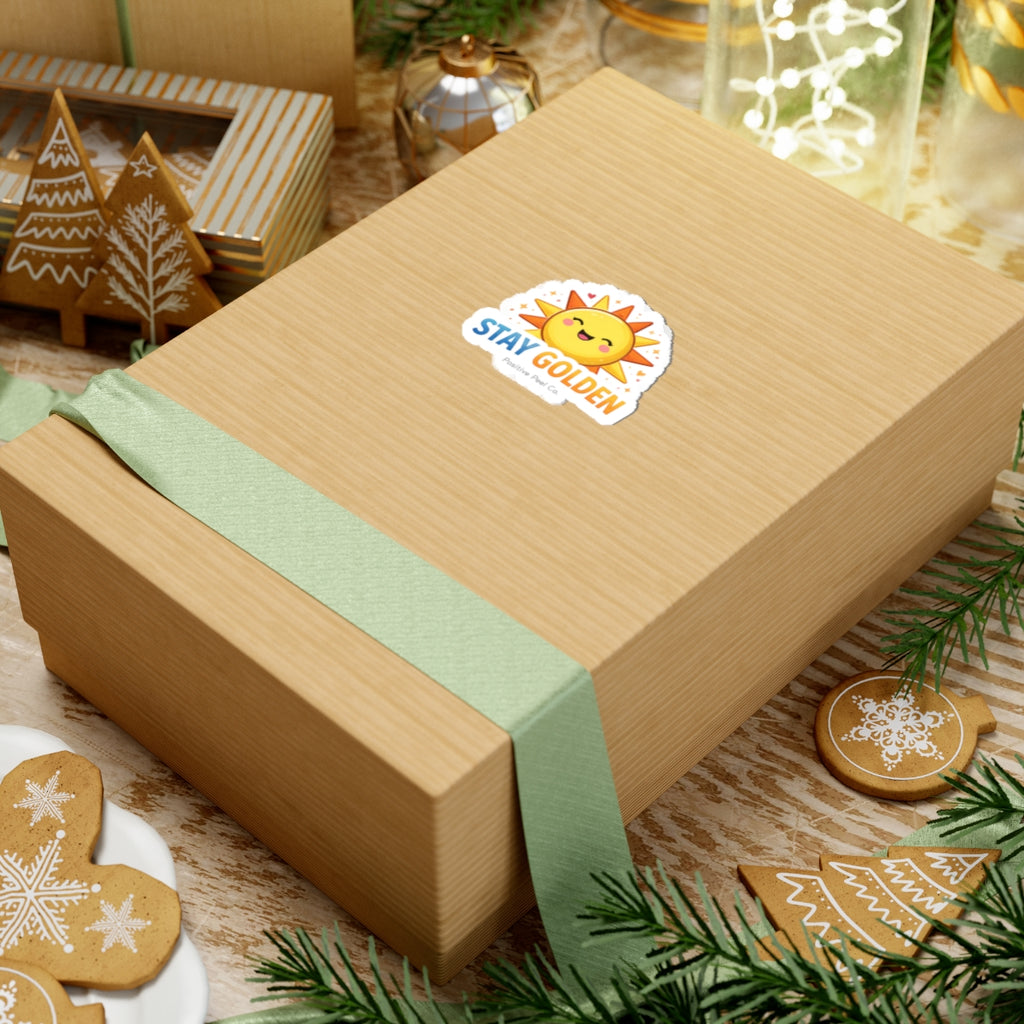 Cute kawaii smiling sun sticker with hearts and sparkles saying stay golden — cheerful positive gift for kids and anyone who needs sunshine