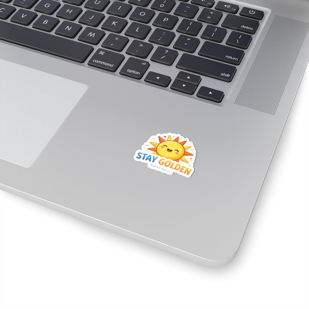 Cute kawaii smiling sun sticker with hearts and sparkles saying stay golden — cheerful positive gift for kids and anyone who needs sunshine