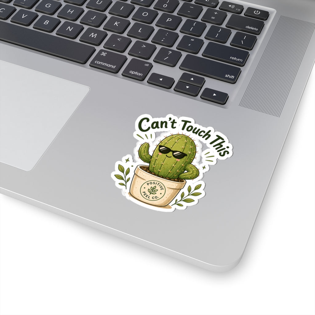 Funny cactus sticker with sunglasses and can't touch this text — humorous gift for cactus lovers and plant parents