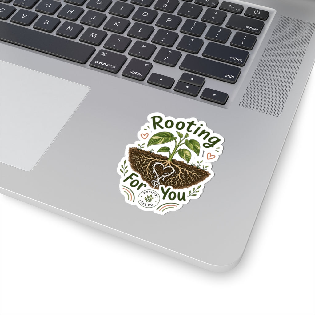 Rooting For You plant sticker with heart shaped roots and growing seedling — encouraging gift for friends family graduates and plant lovers