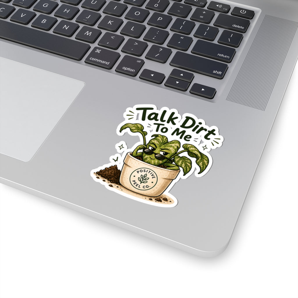 Funny plant sticker with sassy potted plant wearing sunglasses saying talk dirt to me — cute gift for plant lovers and gardeners