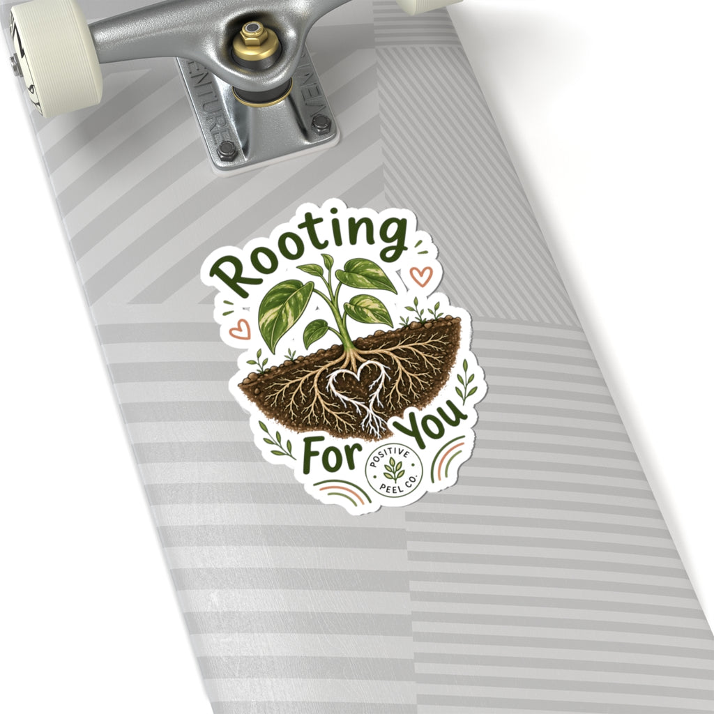 Rooting For You plant sticker with heart shaped roots and growing seedling — encouraging gift for friends family graduates and plant lovers