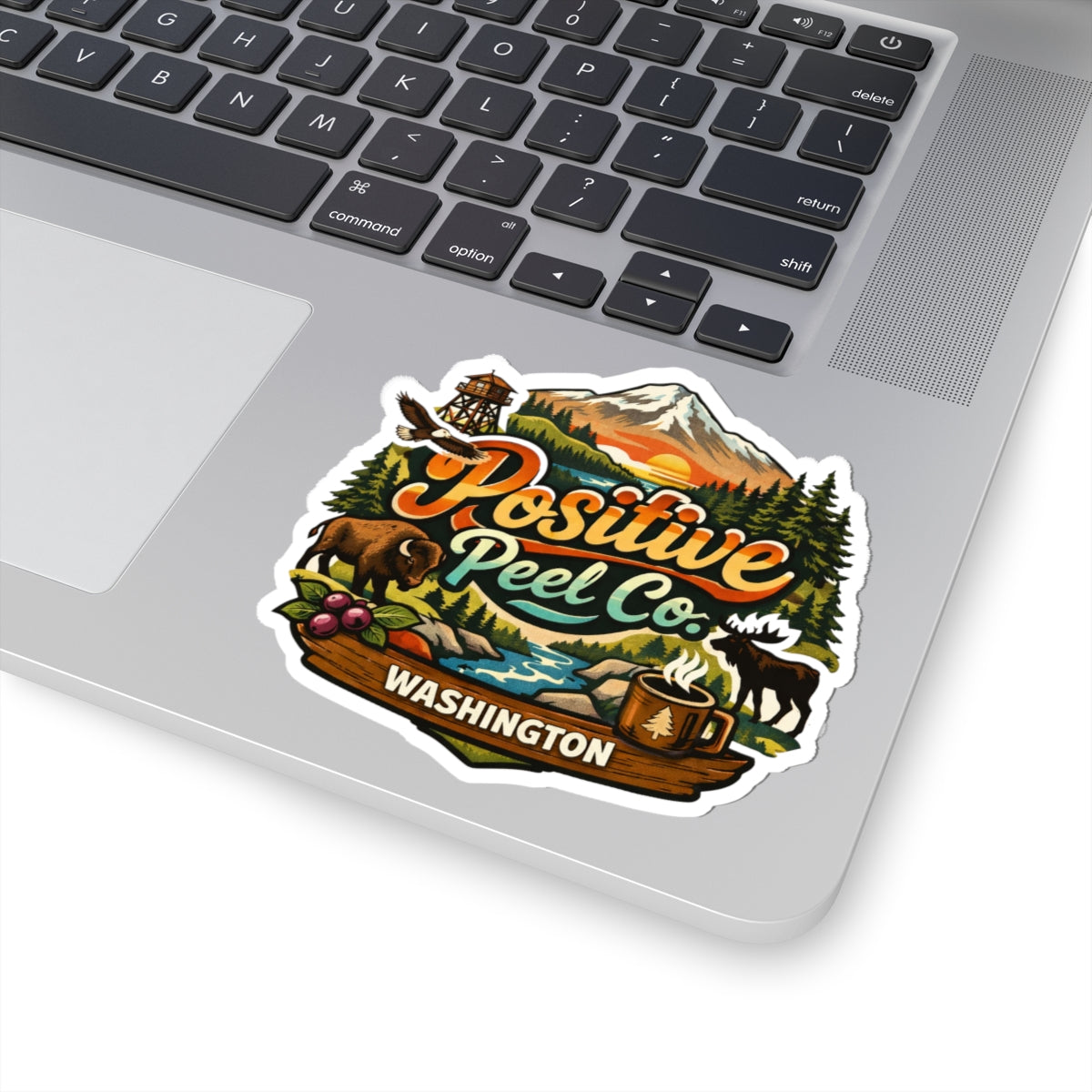 Washington state adventure sticker with Mount Rainier bald eagle bison moose and campfire coffee mug — gift for Washington residents and Pacific Northwest lovers