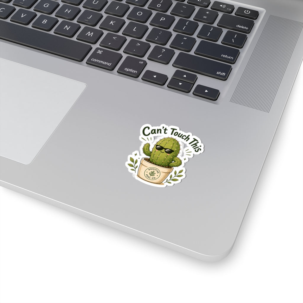 Funny cactus sticker with sunglasses and can't touch this text — humorous gift for cactus lovers and plant parents