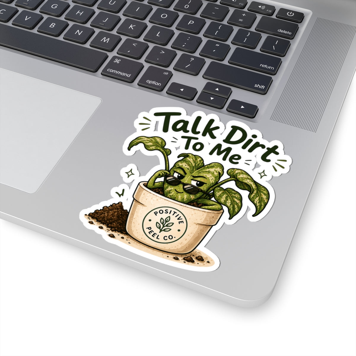 Funny plant sticker with sassy potted plant wearing sunglasses saying talk dirt to me — cute gift for plant lovers and gardeners