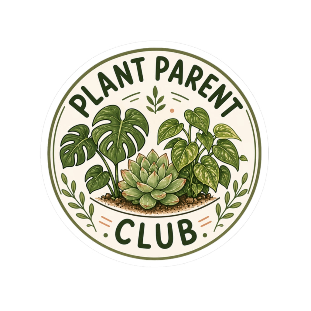 Plant Parent Club badge sticker with monstera succulent and pothos design — gift for plant moms plant dads and houseplant lovers