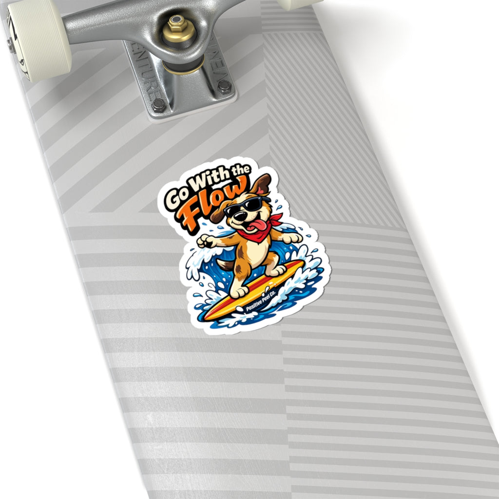 Funny surfing dog sticker with sunglasses and red bandana riding a wave saying go with the flow — fun beach gift for dog lovers and surfers