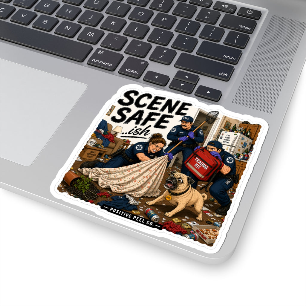 Funny EMS sticker showing paramedics and EMTs in a chaotic scene with a pug named Carl — hilarious gift for paramedics, EMTs, and first responders