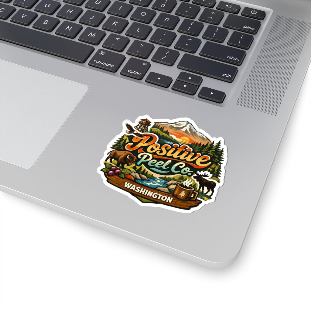 Washington state adventure sticker with Mount Rainier bald eagle bison moose and campfire coffee mug — gift for Washington residents and Pacific Northwest lovers