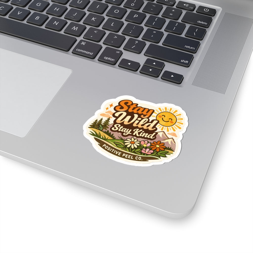 Stay Wild Stay Kind retro sticker with mountains wildflowers and smiling sun design — nature gift for outdoor lovers hikers and adventure seekers