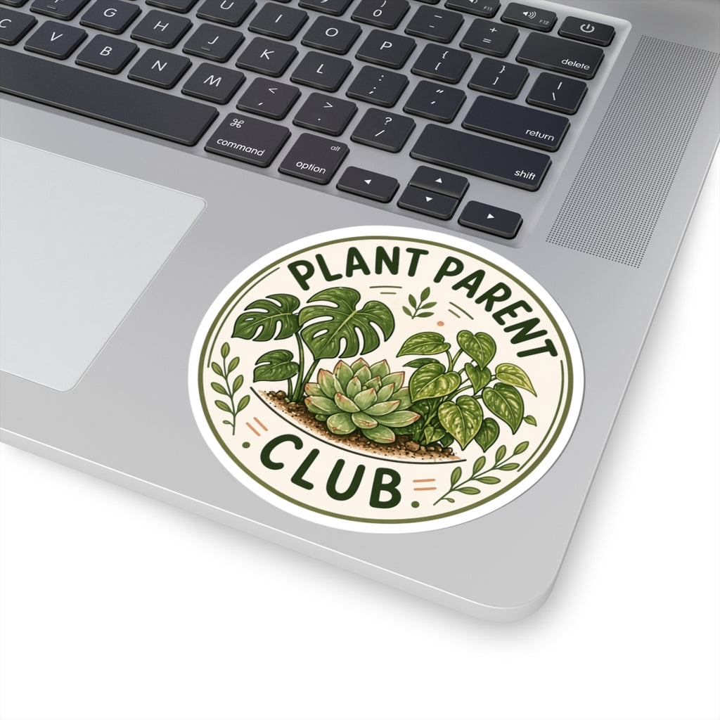 Plant Parent Club badge sticker with monstera succulent and pothos design — gift for plant moms plant dads and houseplant lovers