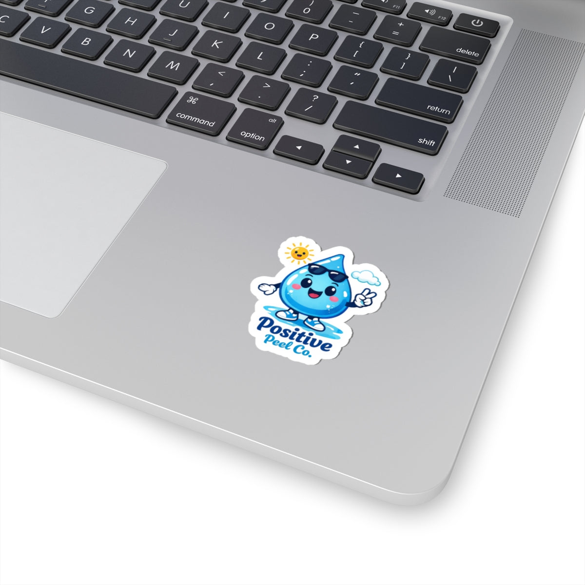 Happy water droplet character sticker with sunglasses and peace sign and Positive Peel Co. logo — cute fun gift for kids and water lovers