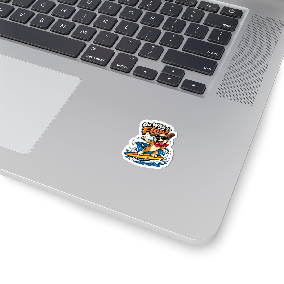 Funny surfing dog sticker with sunglasses and red bandana riding a wave saying go with the flow — fun beach gift for dog lovers and surfers