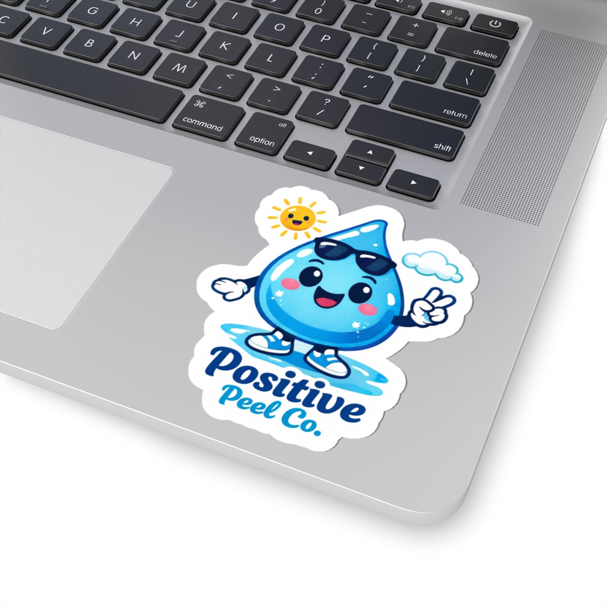 Happy water droplet character sticker with sunglasses and peace sign and Positive Peel Co. logo — cute fun gift for kids and water lovers