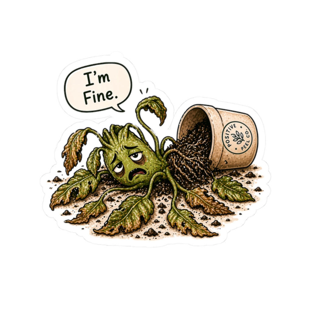 Funny plant sticker with knocked over dying plant saying I'm Fine — relatable humorous gift for plant lovers and anyone having a rough day