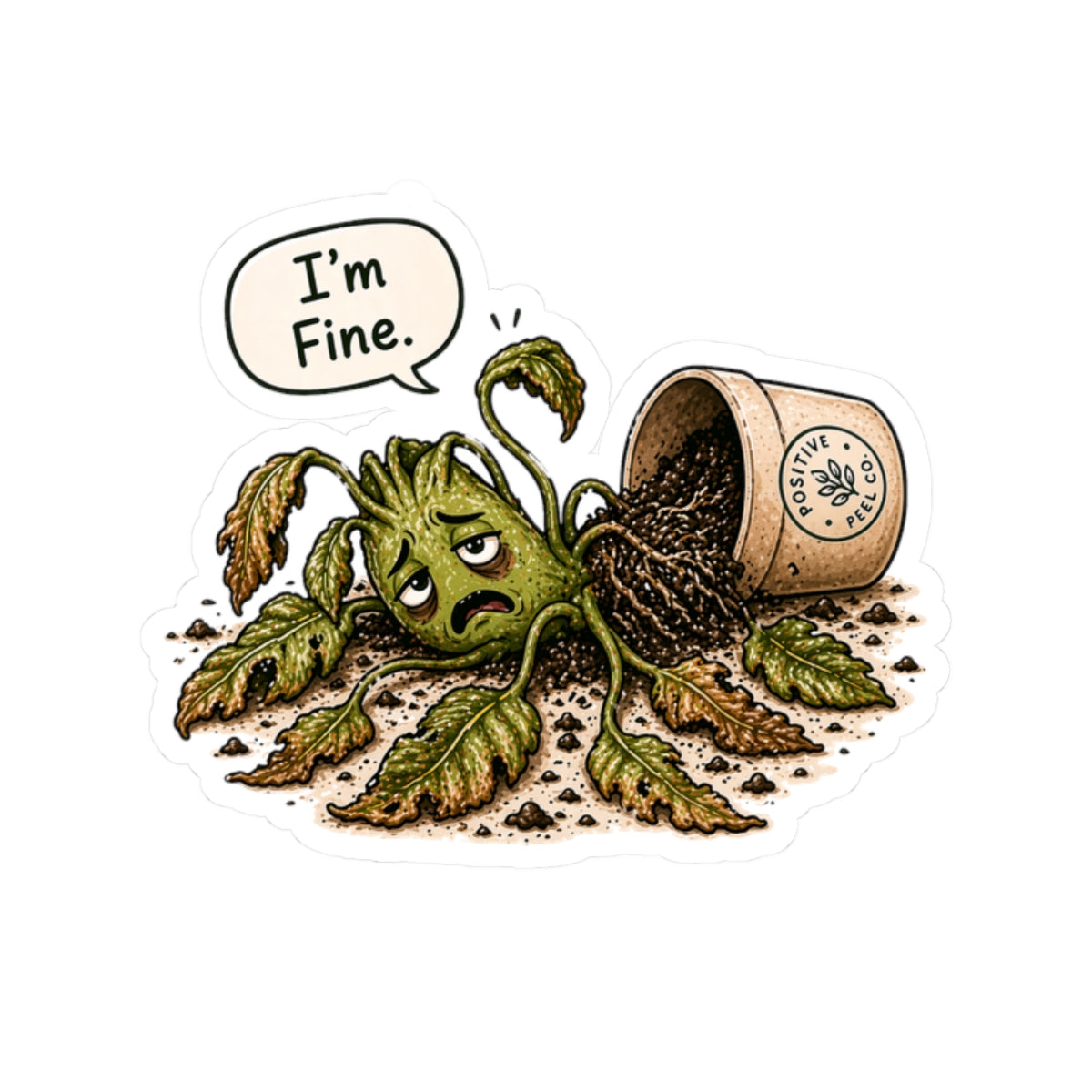 Funny plant sticker with knocked over dying plant saying I'm Fine — relatable humorous gift for plant lovers and anyone having a rough day