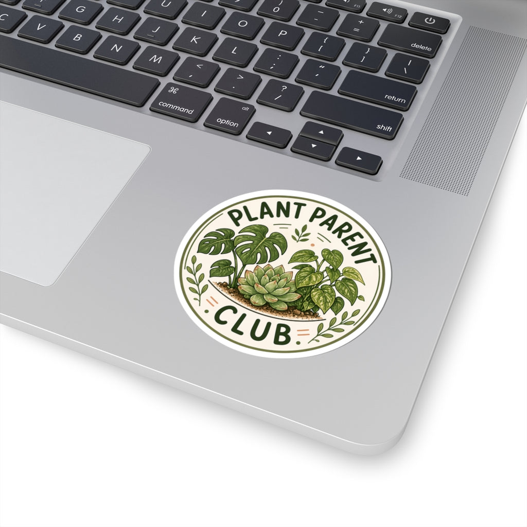 Plant Parent Club badge sticker with monstera succulent and pothos design — gift for plant moms plant dads and houseplant lovers