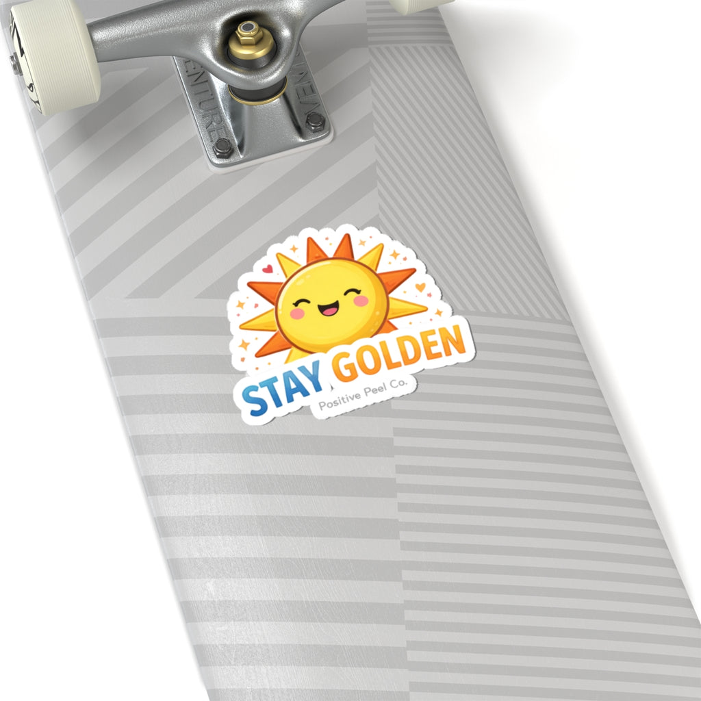 Cute kawaii smiling sun sticker with hearts and sparkles saying stay golden — cheerful positive gift for kids and anyone who needs sunshine