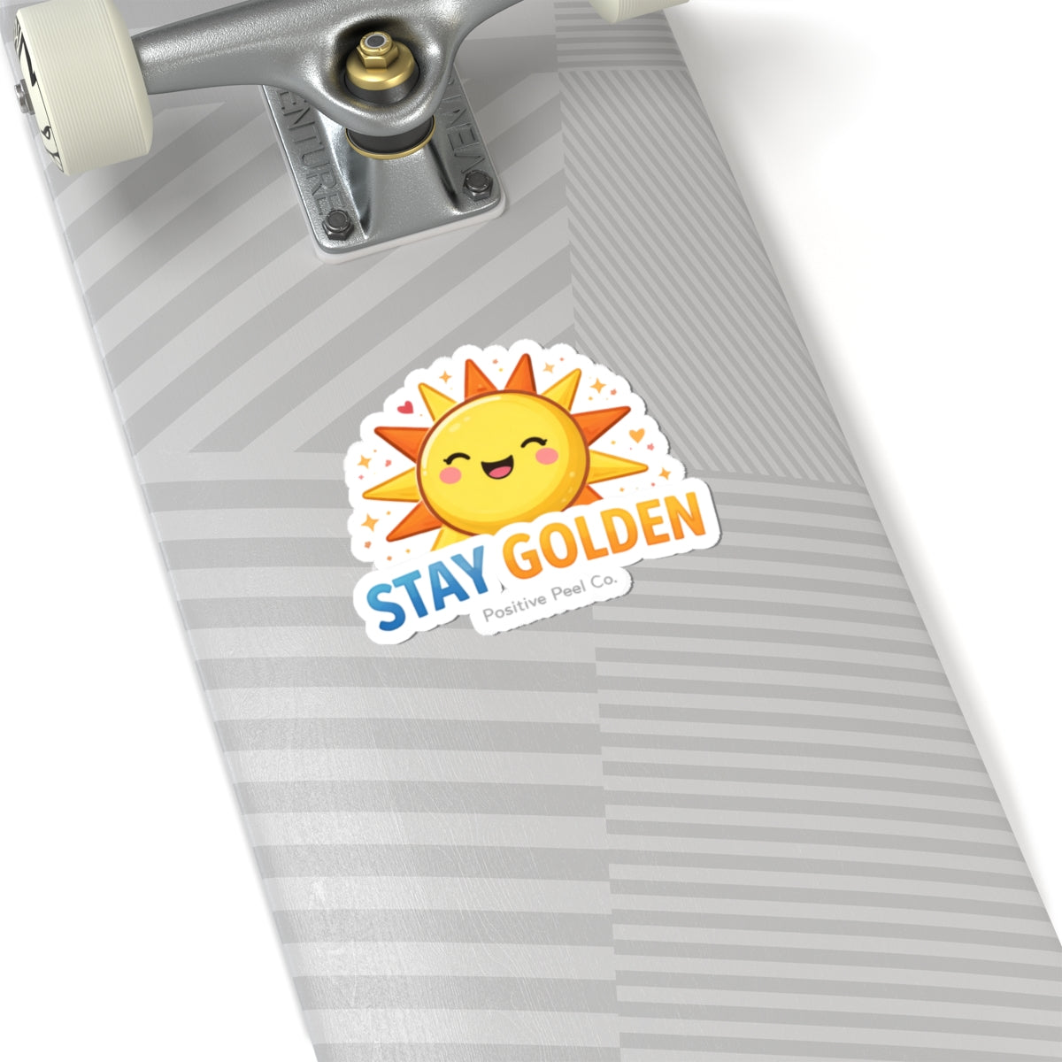Cute kawaii smiling sun sticker with hearts and sparkles saying stay golden — cheerful positive gift for kids and anyone who needs sunshine
