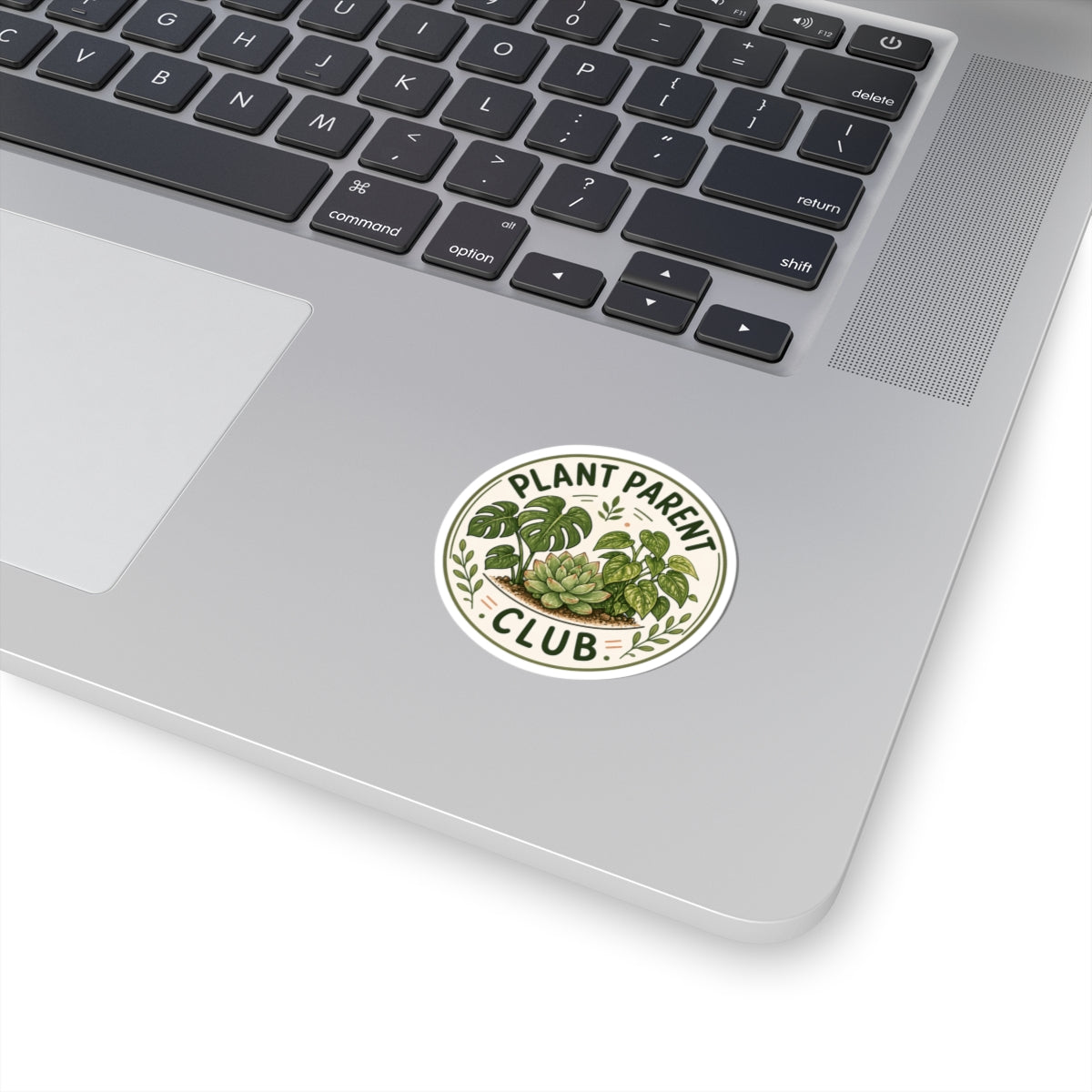 Plant Parent Club badge sticker with monstera succulent and pothos design — gift for plant moms plant dads and houseplant lovers