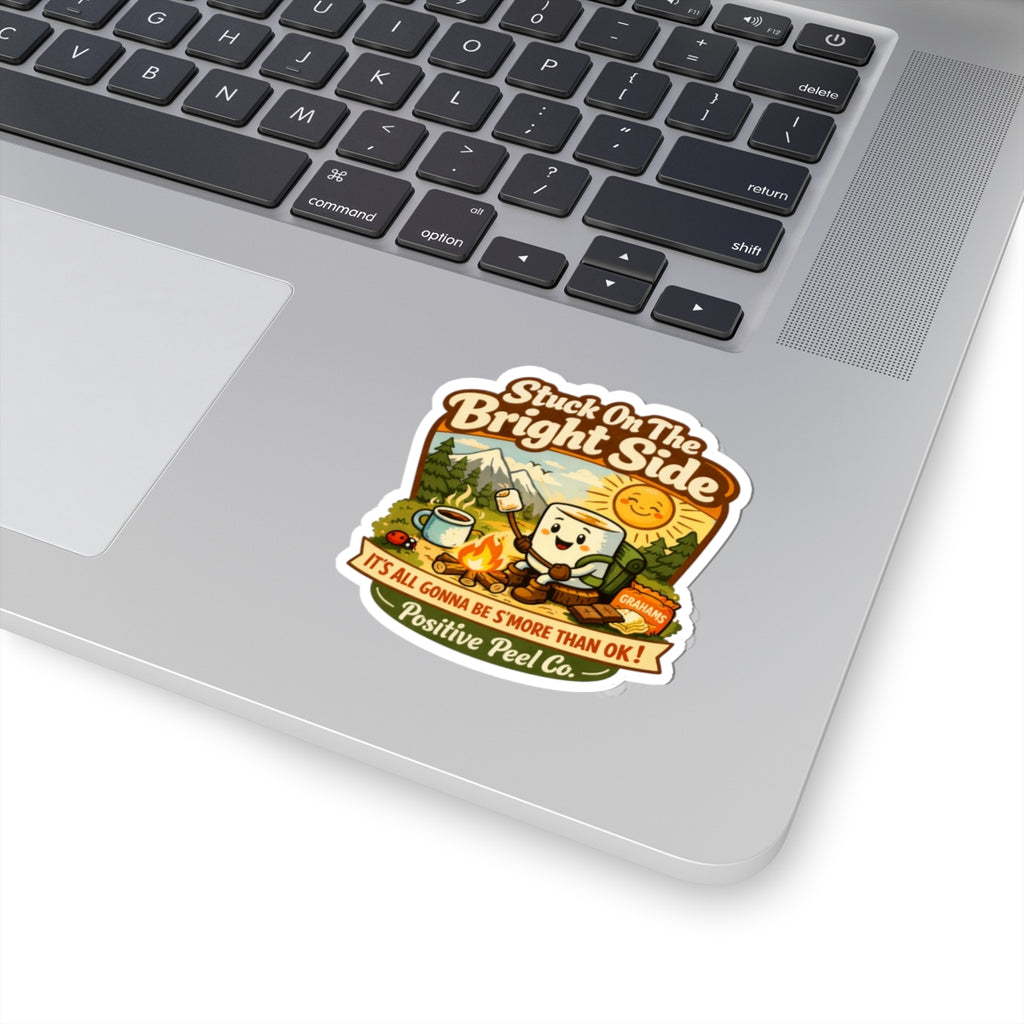 Stuck on the Bright Side retro camping sticker with happy marshmallow roasting by campfire and smores pun — funny outdoor gift for campers and nature lovers