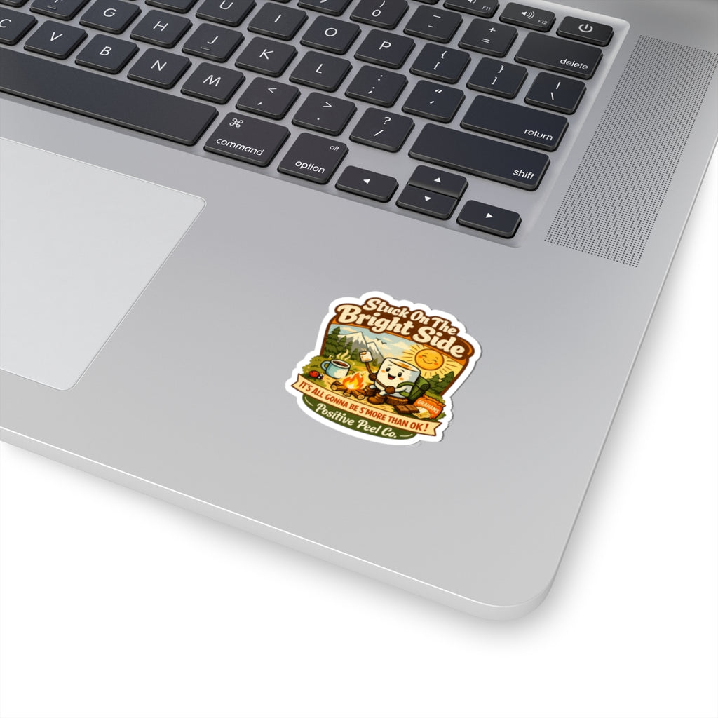 Stuck on the Bright Side retro camping sticker with happy marshmallow roasting by campfire and smores pun — funny outdoor gift for campers and nature lovers