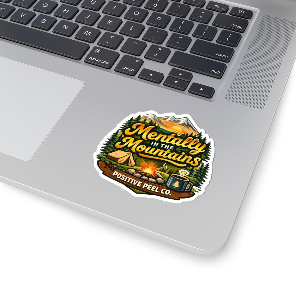 Mentally in the Mountains retro camping sticker with campfire tent coffee mug and snow capped mountains — gift for hikers campers and outdoor lovers