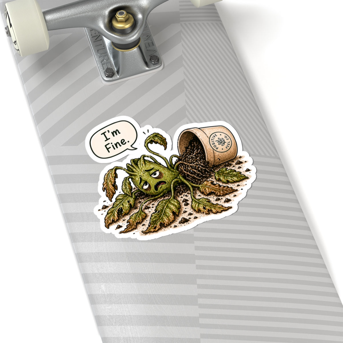 Funny plant sticker with knocked over dying plant saying I'm Fine — relatable humorous gift for plant lovers and anyone having a rough day