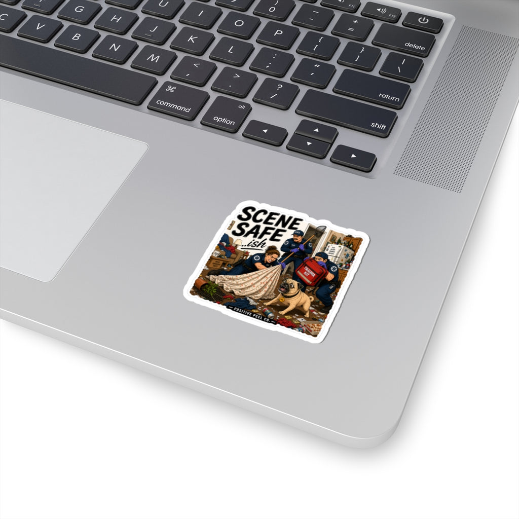 Funny EMS sticker showing paramedics and EMTs in a chaotic scene with a pug named Carl — hilarious gift for paramedics, EMTs, and first responders