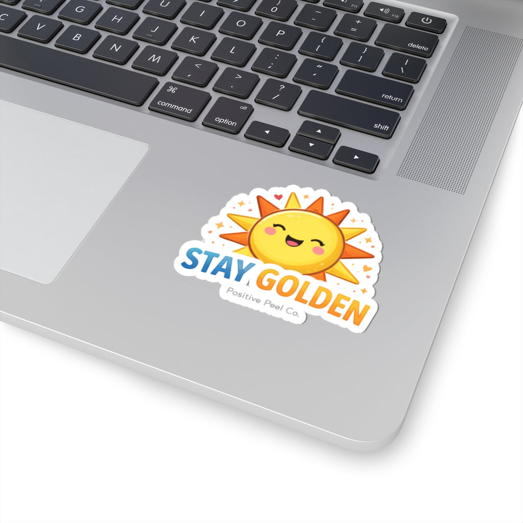 Cute kawaii smiling sun sticker with hearts and sparkles saying stay golden — cheerful positive gift for kids and anyone who needs sunshine