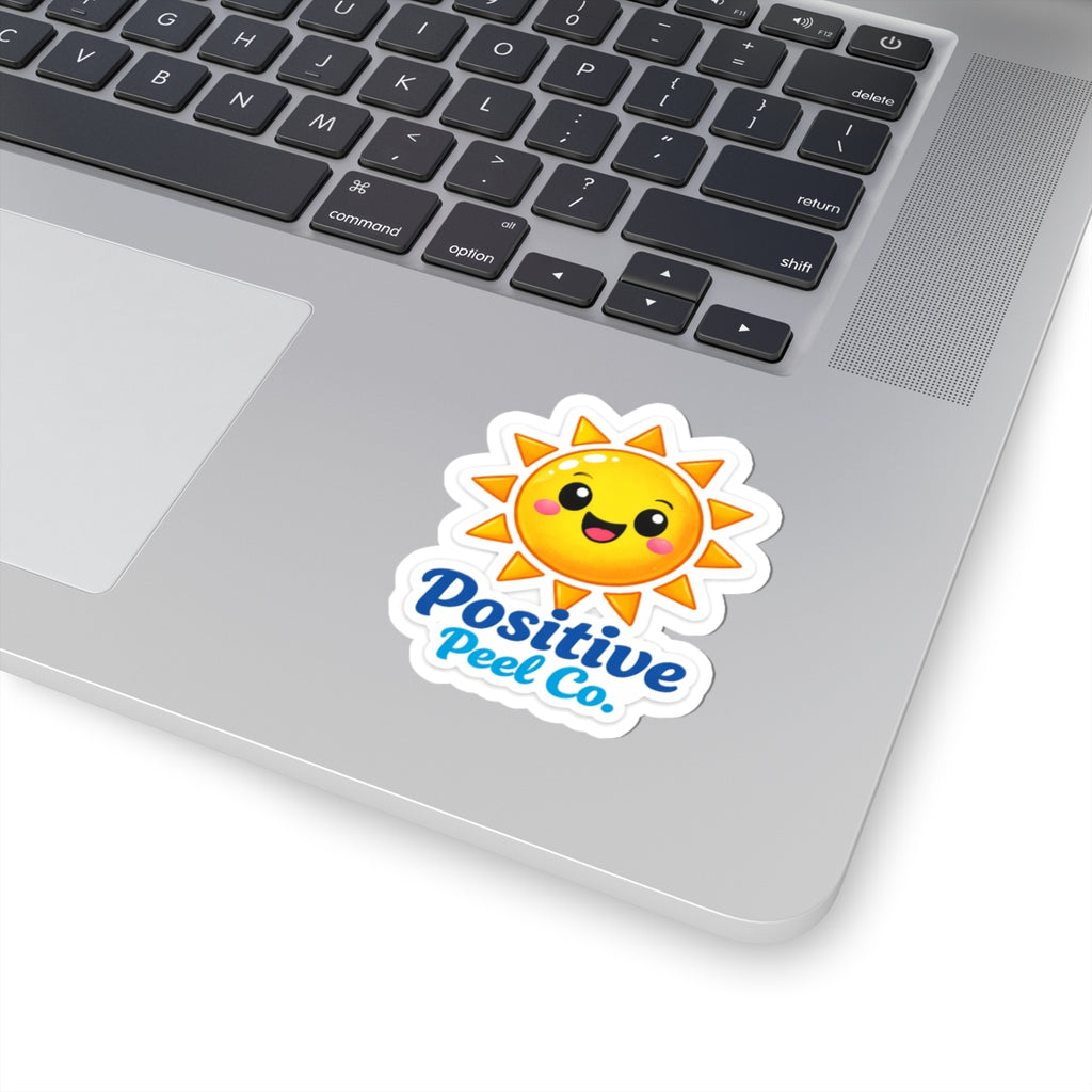 Cheerful kawaii sun sticker with happy face and Positive Peel Co. logo — cute bright gift for kids and anyone who loves sunshine and good vibes