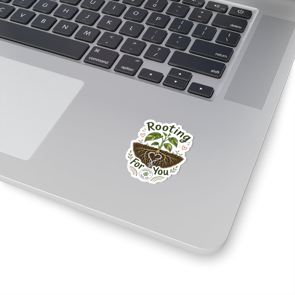 Rooting For You plant sticker with heart shaped roots and growing seedling — encouraging gift for friends family graduates and plant lovers