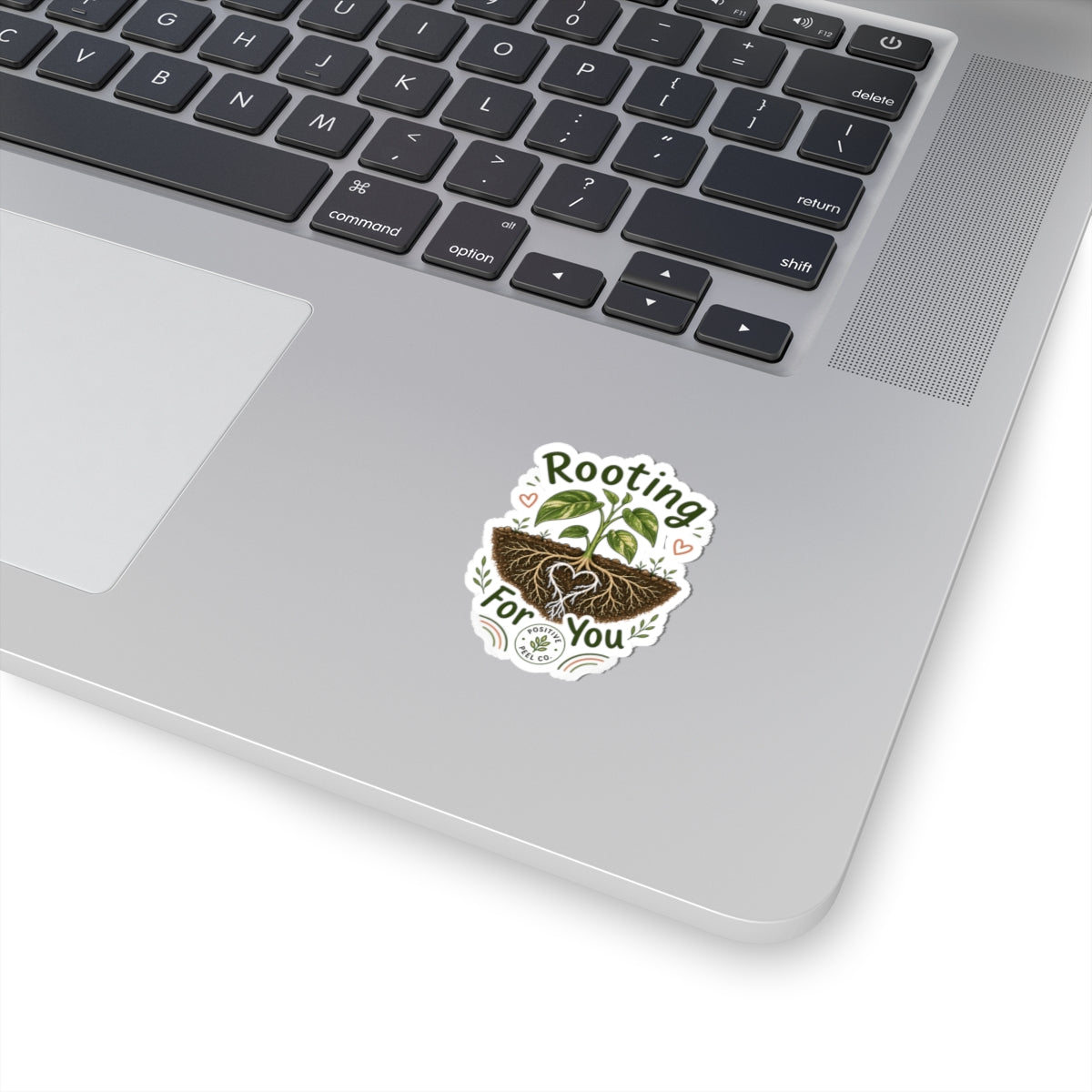 Rooting For You plant sticker with heart shaped roots and growing seedling — encouraging gift for friends family graduates and plant lovers