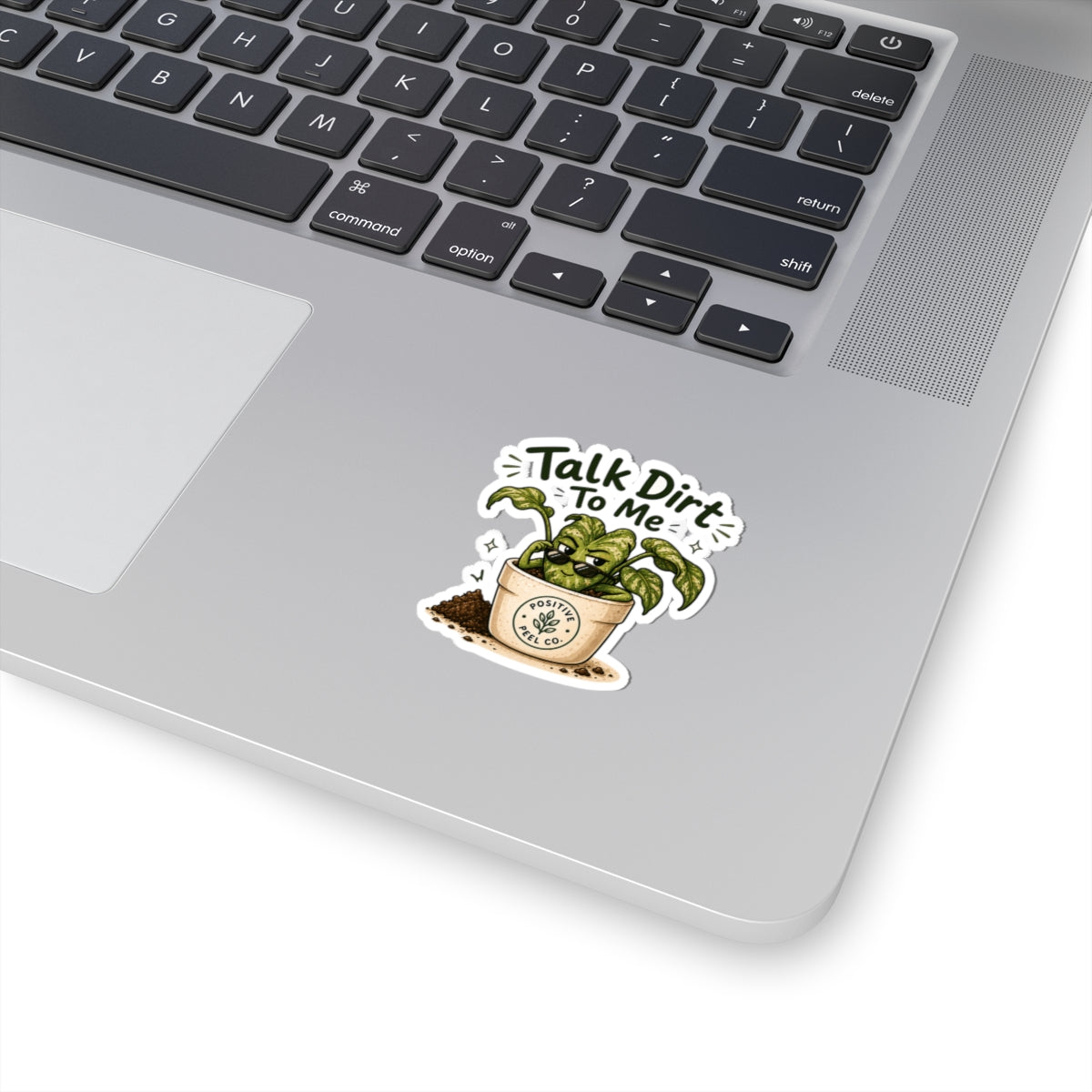 Funny plant sticker with sassy potted plant wearing sunglasses saying talk dirt to me — cute gift for plant lovers and gardeners