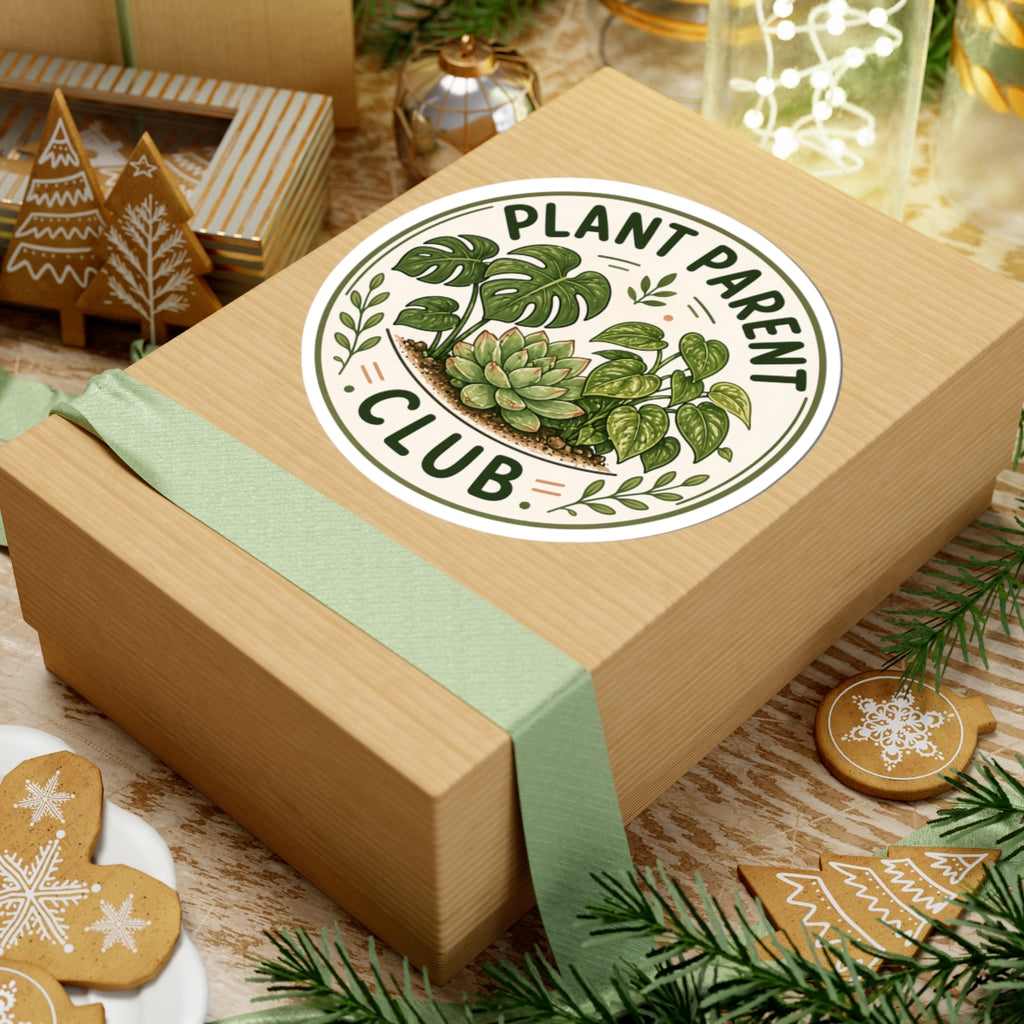 Plant Parent Club badge sticker with monstera succulent and pothos design — gift for plant moms plant dads and houseplant lovers