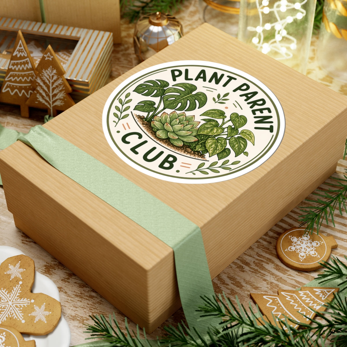 Plant Parent Club badge sticker with monstera succulent and pothos design — gift for plant moms plant dads and houseplant lovers