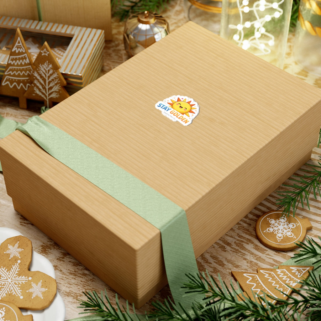Cute kawaii smiling sun sticker with hearts and sparkles saying stay golden — cheerful positive gift for kids and anyone who needs sunshine