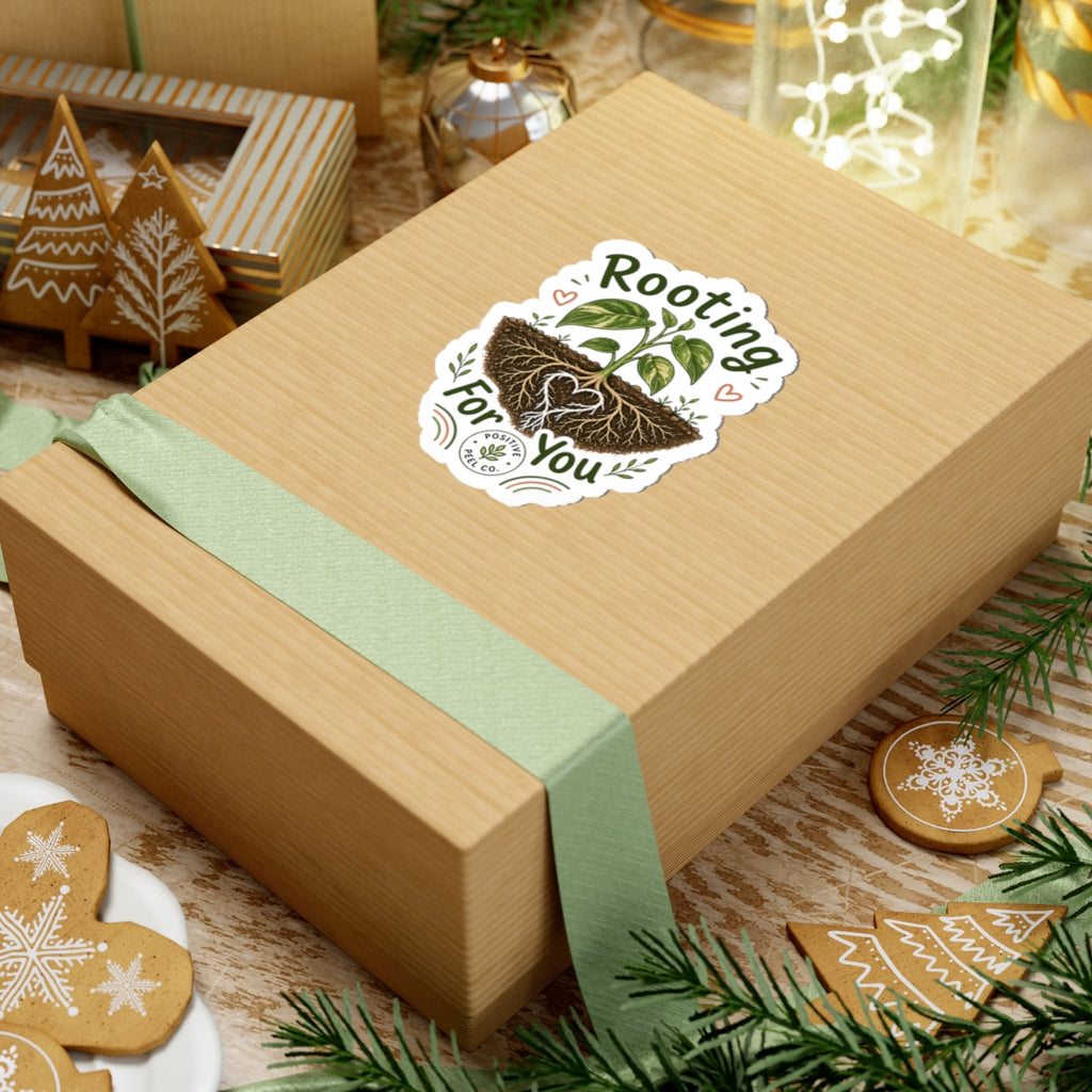 Rooting For You plant sticker with heart shaped roots and growing seedling — encouraging gift for friends family graduates and plant lovers