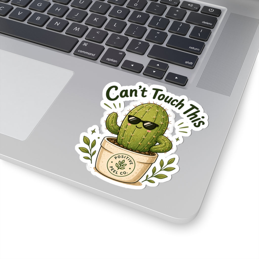Funny cactus sticker with sunglasses and can't touch this text — humorous gift for cactus lovers and plant parents