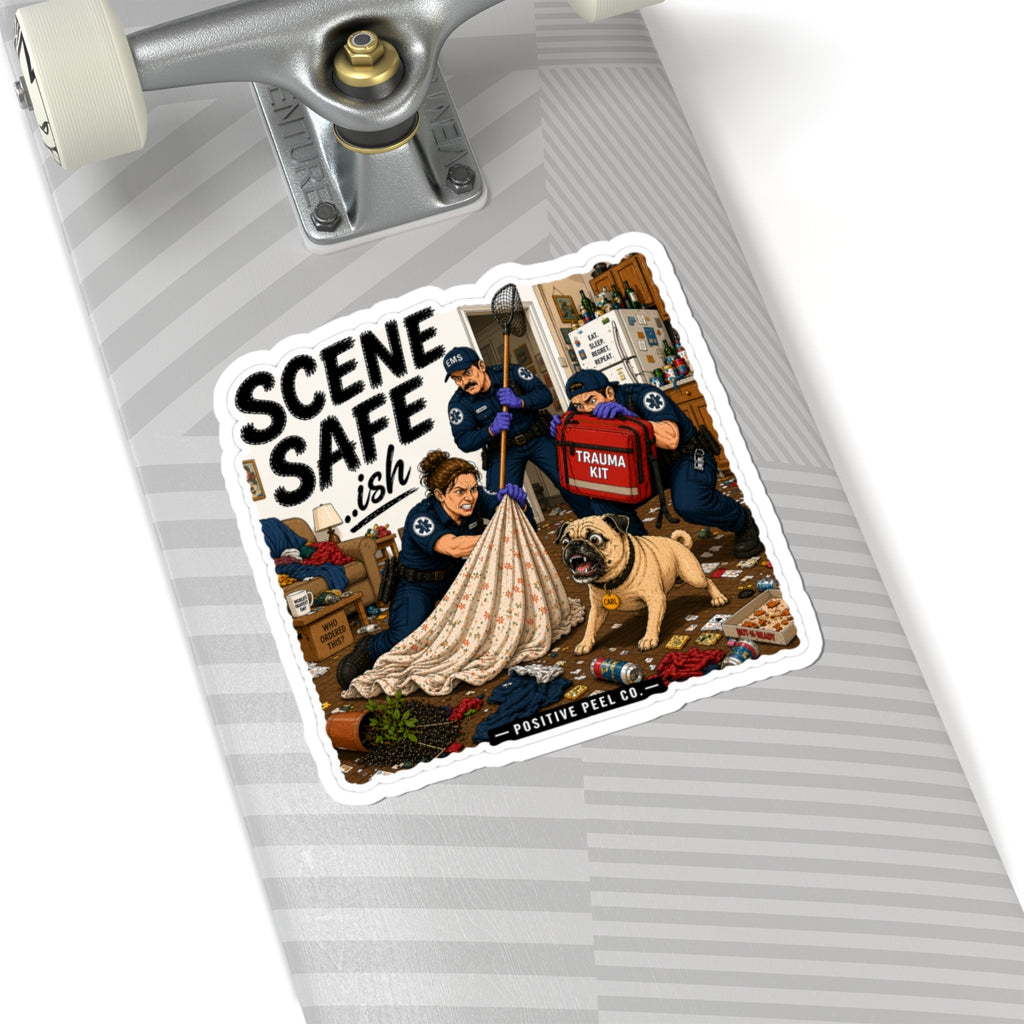 Funny EMS sticker showing paramedics and EMTs in a chaotic scene with a pug named Carl — hilarious gift for paramedics, EMTs, and first responders