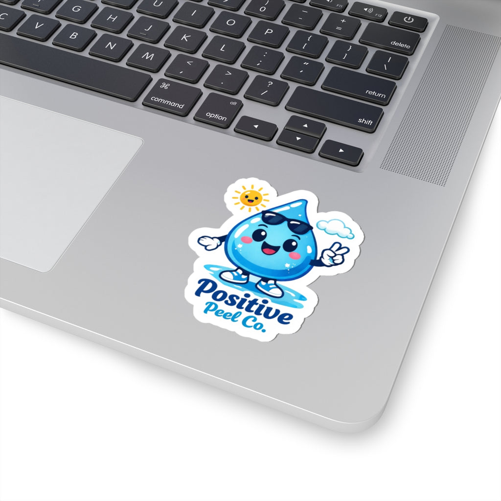 Happy water droplet character sticker with sunglasses and peace sign and Positive Peel Co. logo — cute fun gift for kids and water lovers