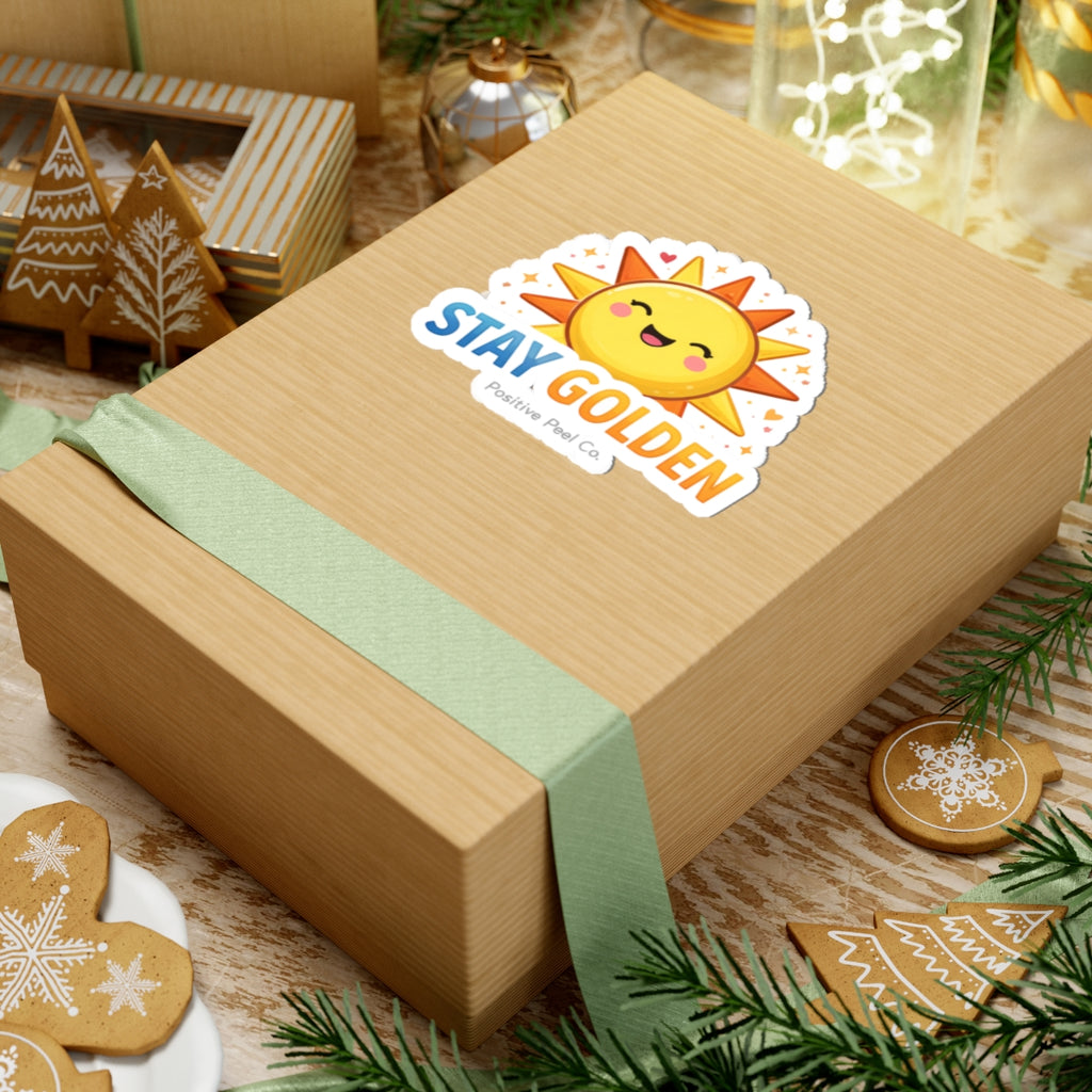 Cute kawaii smiling sun sticker with hearts and sparkles saying stay golden — cheerful positive gift for kids and anyone who needs sunshine