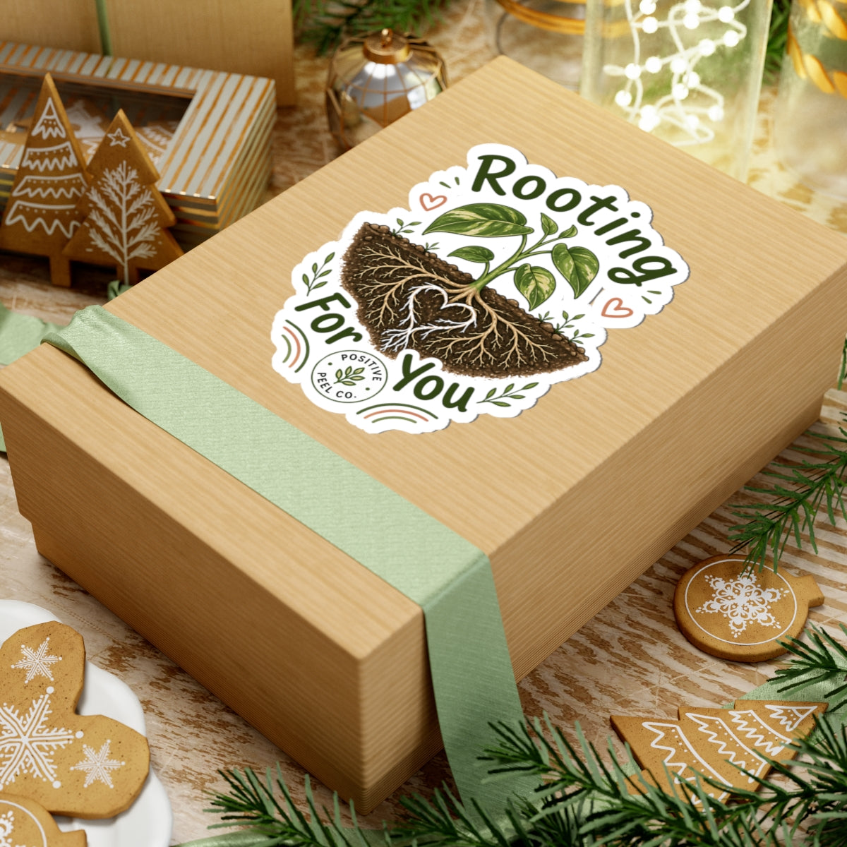 Rooting For You plant sticker with heart shaped roots and growing seedling — encouraging gift for friends family graduates and plant lovers
