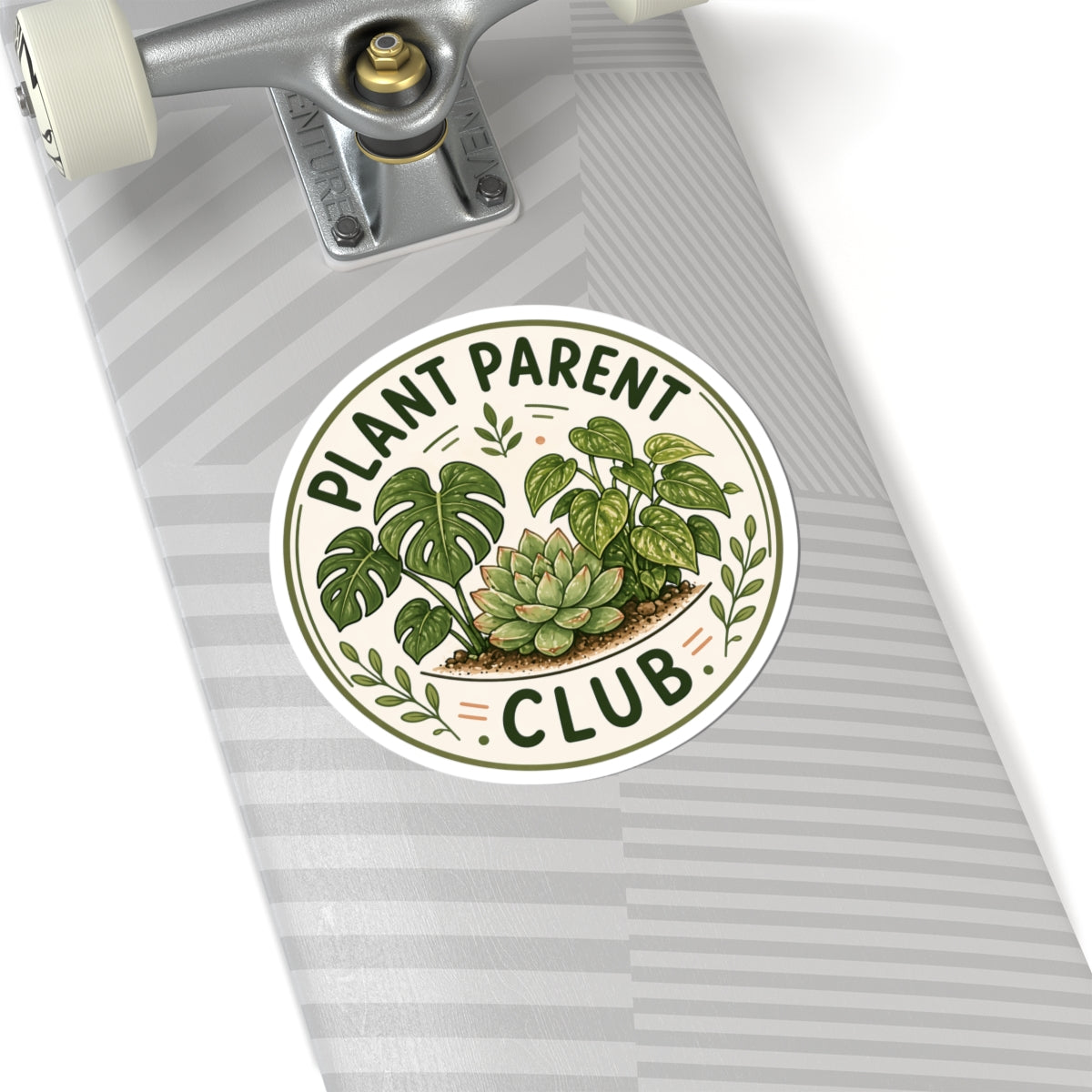 Plant Parent Club badge sticker with monstera succulent and pothos design — gift for plant moms plant dads and houseplant lovers