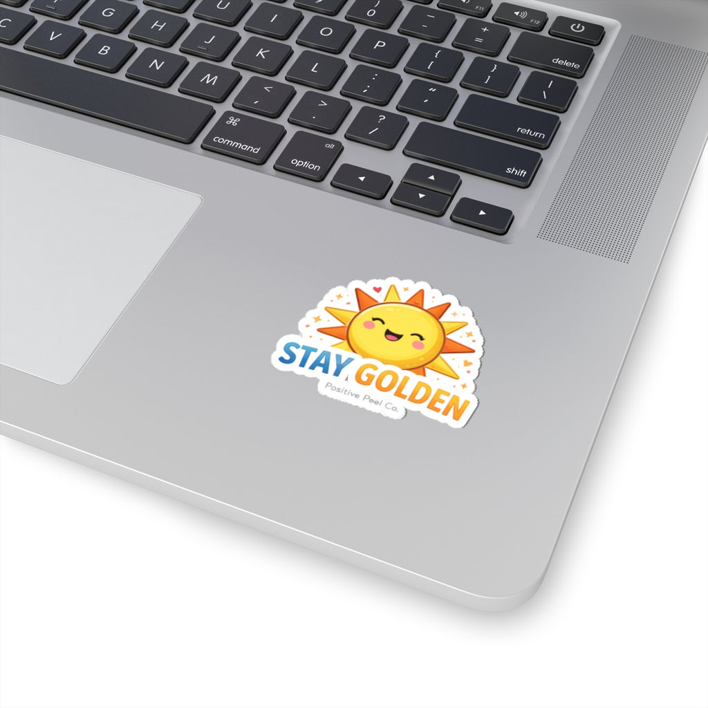 Cute kawaii smiling sun sticker with hearts and sparkles saying stay golden — cheerful positive gift for kids and anyone who needs sunshine