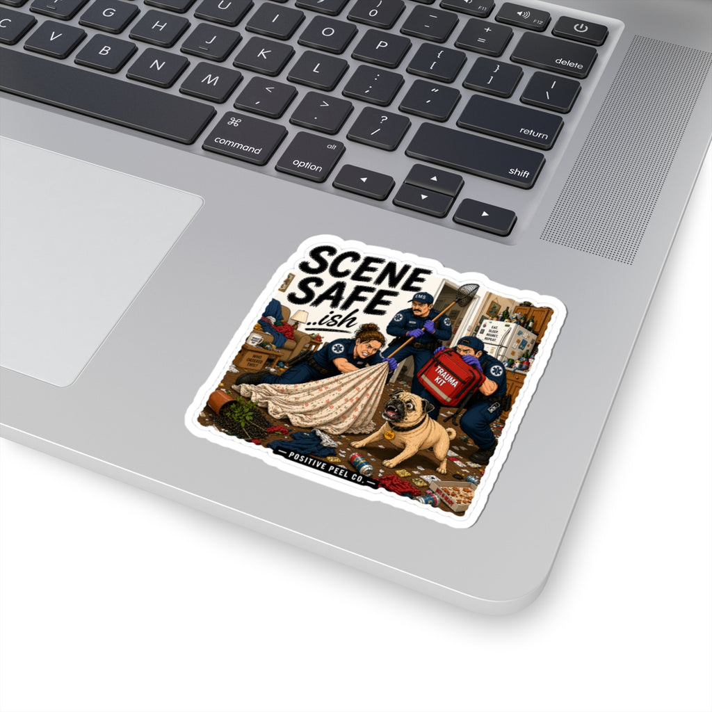 Funny EMS sticker showing paramedics and EMTs in a chaotic scene with a pug named Carl — hilarious gift for paramedics, EMTs, and first responders