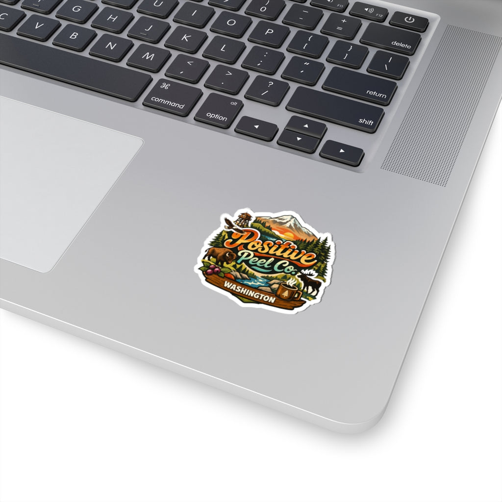 Washington state adventure sticker with Mount Rainier bald eagle bison moose and campfire coffee mug — gift for Washington residents and Pacific Northwest lovers