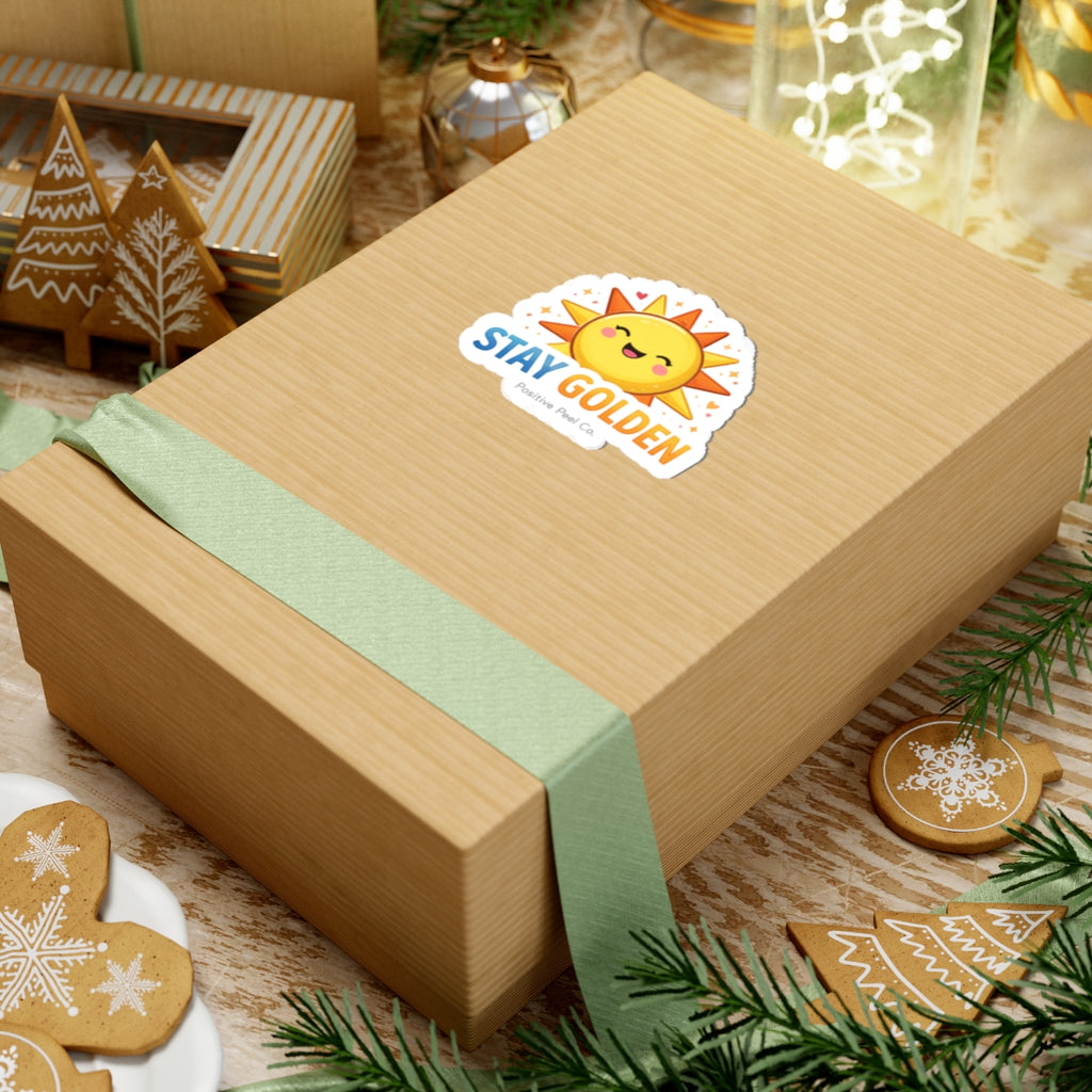 Cute kawaii smiling sun sticker with hearts and sparkles saying stay golden — cheerful positive gift for kids and anyone who needs sunshine