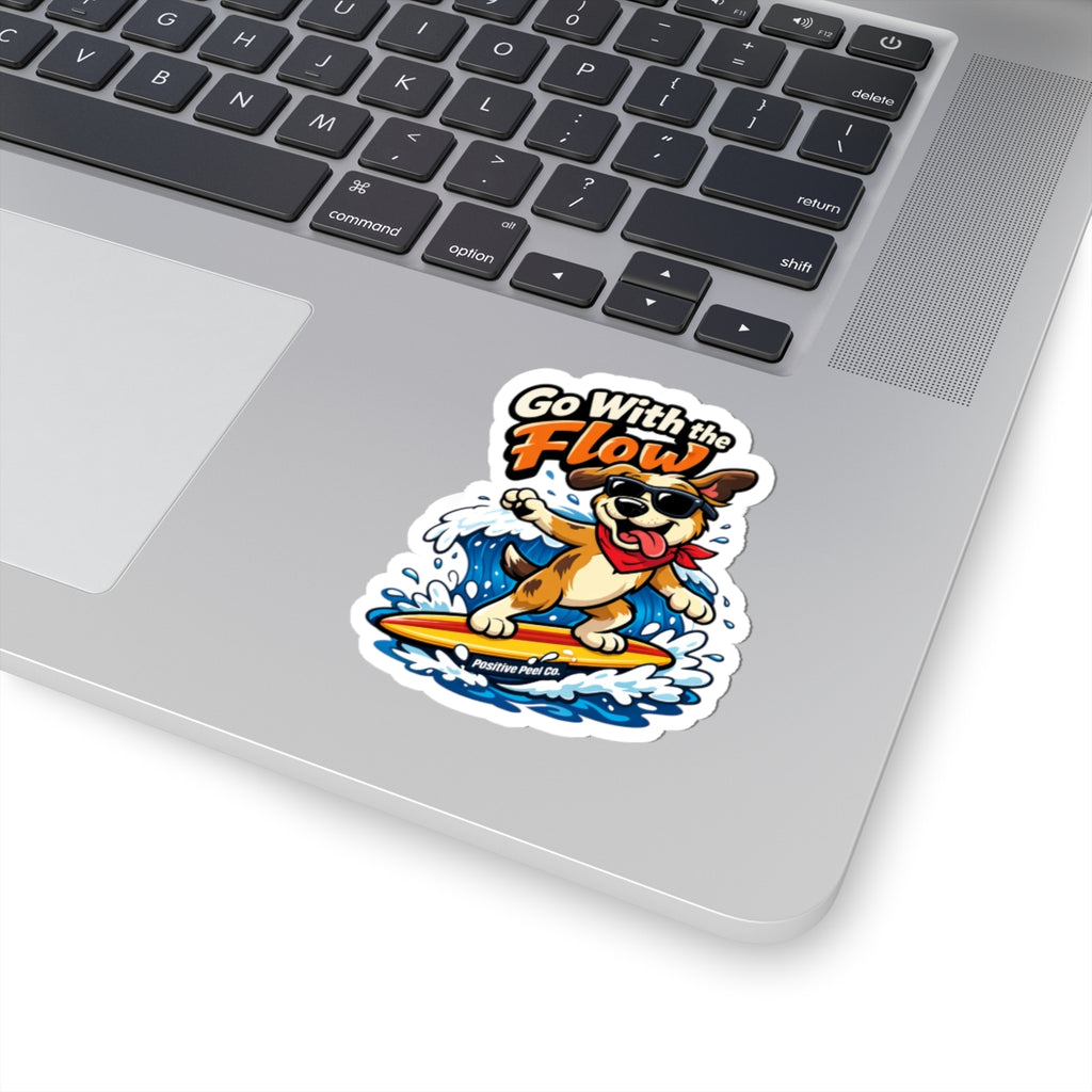 Funny surfing dog sticker with sunglasses and red bandana riding a wave saying go with the flow — fun beach gift for dog lovers and surfers